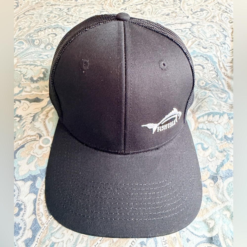 DXN Headwear Fish Tale Black Hat Cap One Size Fits All White Logo